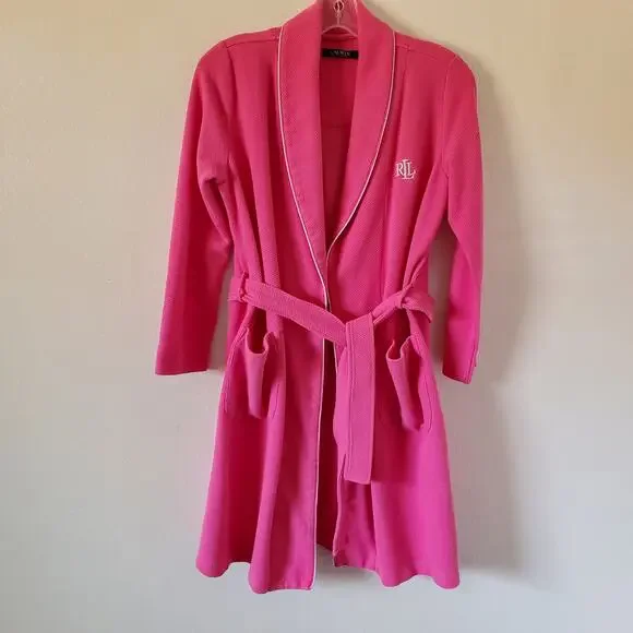 Lauren Ralph Lauren Robe Womens S Pink Waffle Weave Pockets Belt Bathrobe LRL - Picture 12 of 15